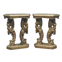  Pair late 20th century carved gilt wood torchere plant stands, red and black marble effect tops, semi-nude goddess supports with scrolled and acanthus leaf decoration, 63cm x 36cm, H75cm  