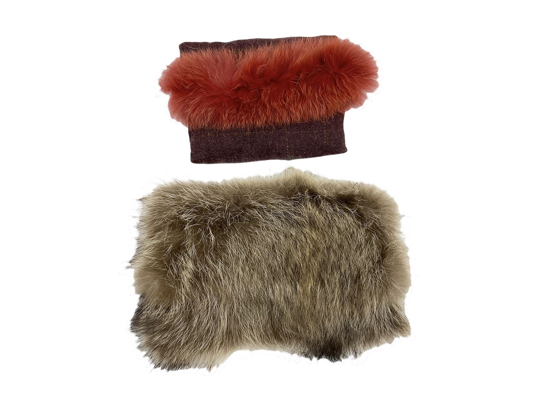 White Saga fox stole, together with Cresta Red fox fur hat, Red fox fur headband, a fur headband and matching cuffs, Harris Tweed clutch bag with fur trim, a fur clutch bag and an Ostrich feather and mohair scarf. 