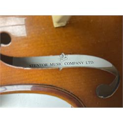 Three Stentor Student violins - three-quarter size with 33cm two-piece back; and two quarter size each with 28cm two-piece back; each in carrying case with bow (3)