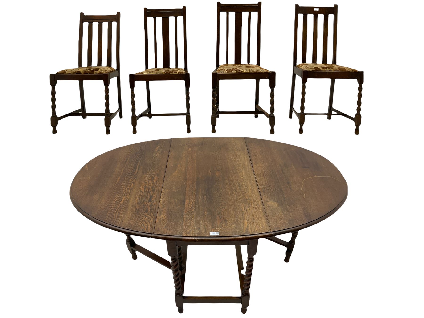 Early 20th century oak barley twist drop leaf dining table (105cm x 154cm, H74cm), and four chairs 