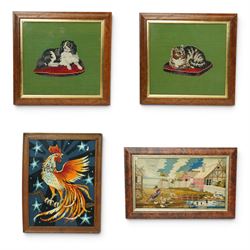  Pair of Victorian needlework pictures of cat and dog 40cm x 41cm and two other needlework...