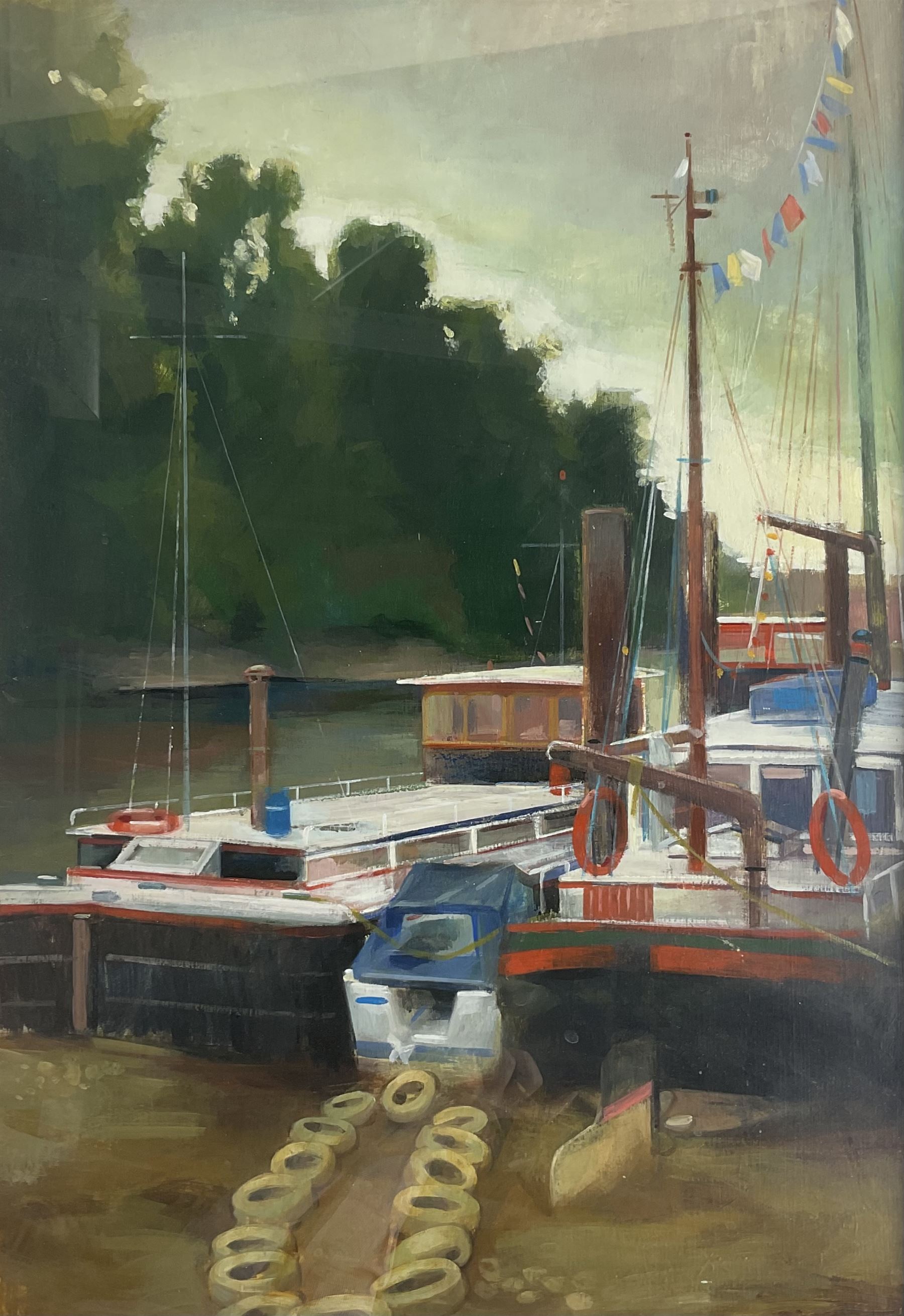 English School (20th century): 'Houseboat Hammersmith' - London, oil indistinctly signed, titled and dated 2002 verso 64cm x 44cm