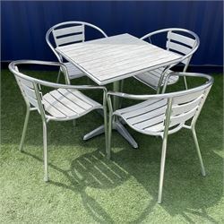 Polished metal and wooden garden bistro set, square table (70cm x 70cm, H72cm), and set four armchairs - THIS LOT IS TO BE COLLECTED BY APPOINTMENT FROM DUGGLEBY STORAGE, GREAT HILL, EASTFIELD, SCARBOROUGH, YO11 3TX
