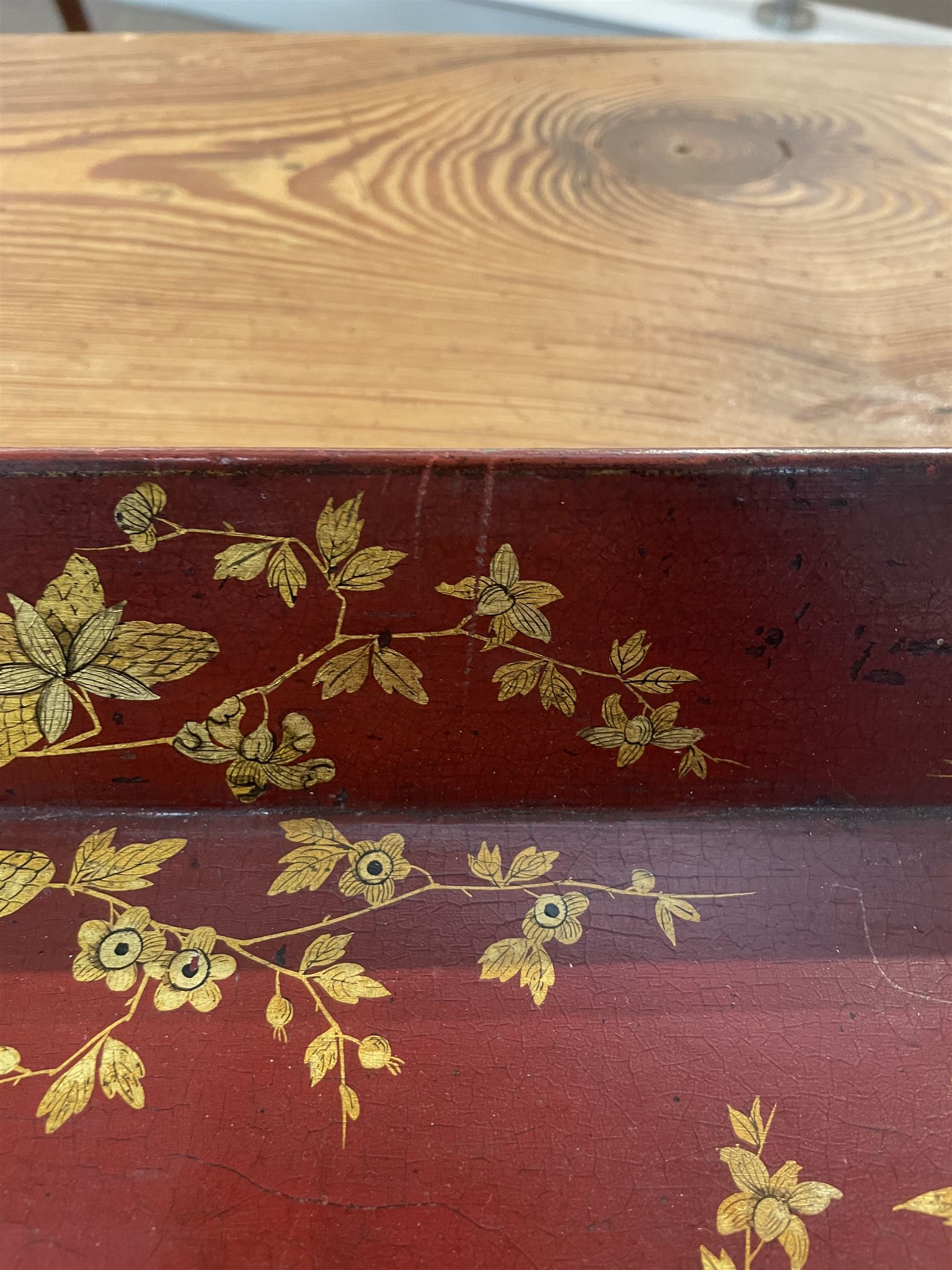 Early 19th century red lacquered papier-mâché tray by Clay of King Street Covent Garden, of rounded rectangular form, painted in gilt with large foliate sprays and butterflies, impressed verso CLAY KING ST COVENT GARDEN, W66.5cm D48.5cm