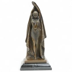 After Demetre Chiparus - art deco style bronze figure of a dancer holding a drape, on blac...