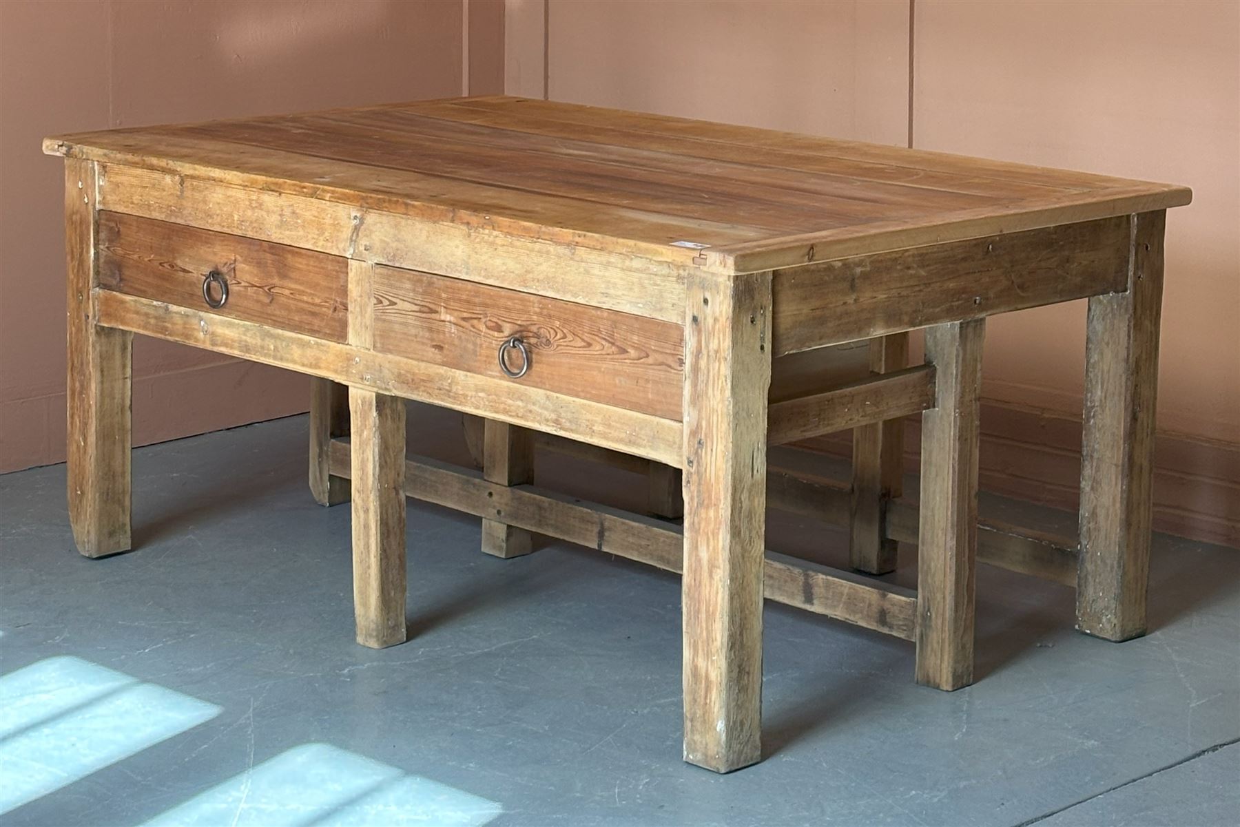 Large pine bakers table, early 20th century, the beech top above two drawers, all standing on ten square section supports, ideal for a kitchen island. H81cm, 182cm x 119cm.  - COLLECTION BY APPOINTMENT FROM: The White House, Thirsk Road, Easingwold, York, YO61 3NF - CALL 01723 507111 TO ARRANGE