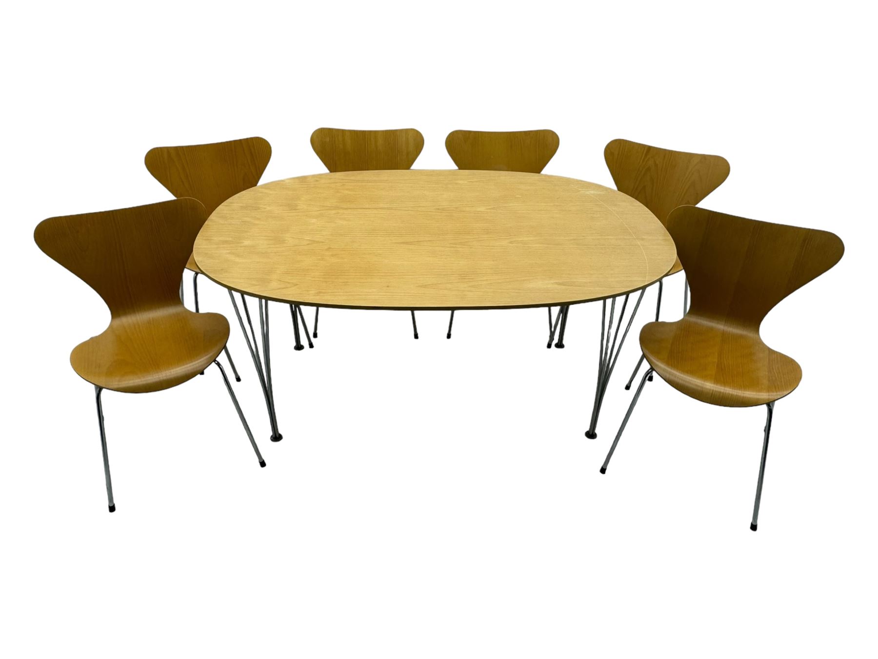 Piet Hein & Bruno Mathsson for Fritz Hansen - contemporary 'superellipse' dining table, oval beech top raised on four chrome supports; set of six Fritz Hansen butterfly-shaped chairs on tubular chrome supports