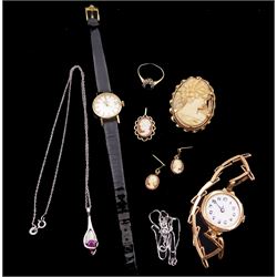 Gold Omega ladies automatic wristwatch, on leather strap, gold manual wind wristwatch, on gold expanding link bracelet, gold cameo jewellery, necklace and a cubic zirconia cluster ring, all 9ct and a silver ruby leaf pendant necklace