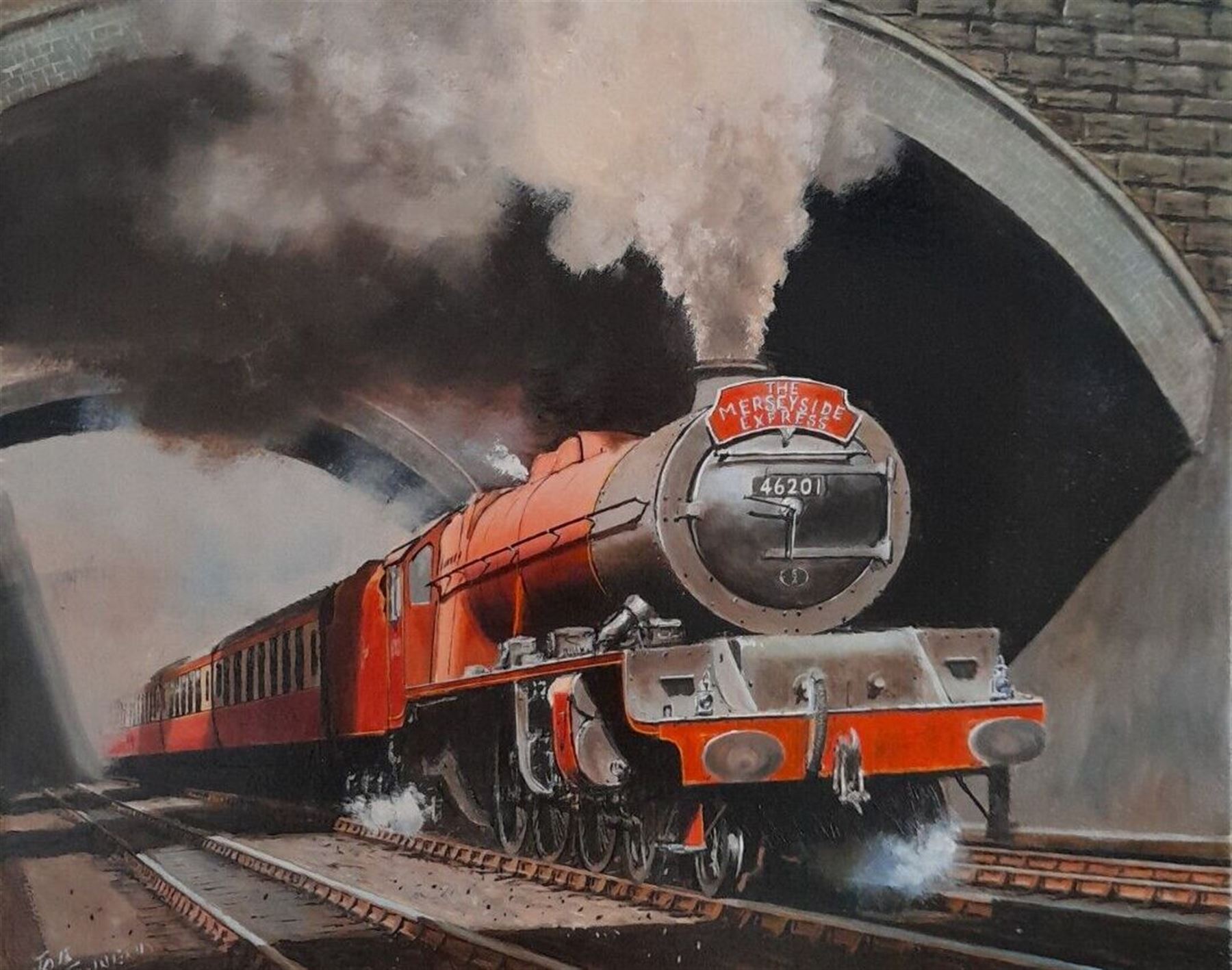 Joe Townend GRA (British 1946-): The Merseyside Express 46201 leaving Liverpool Lime Street, oil on canvas signed 40cm x 50cm (unframed)