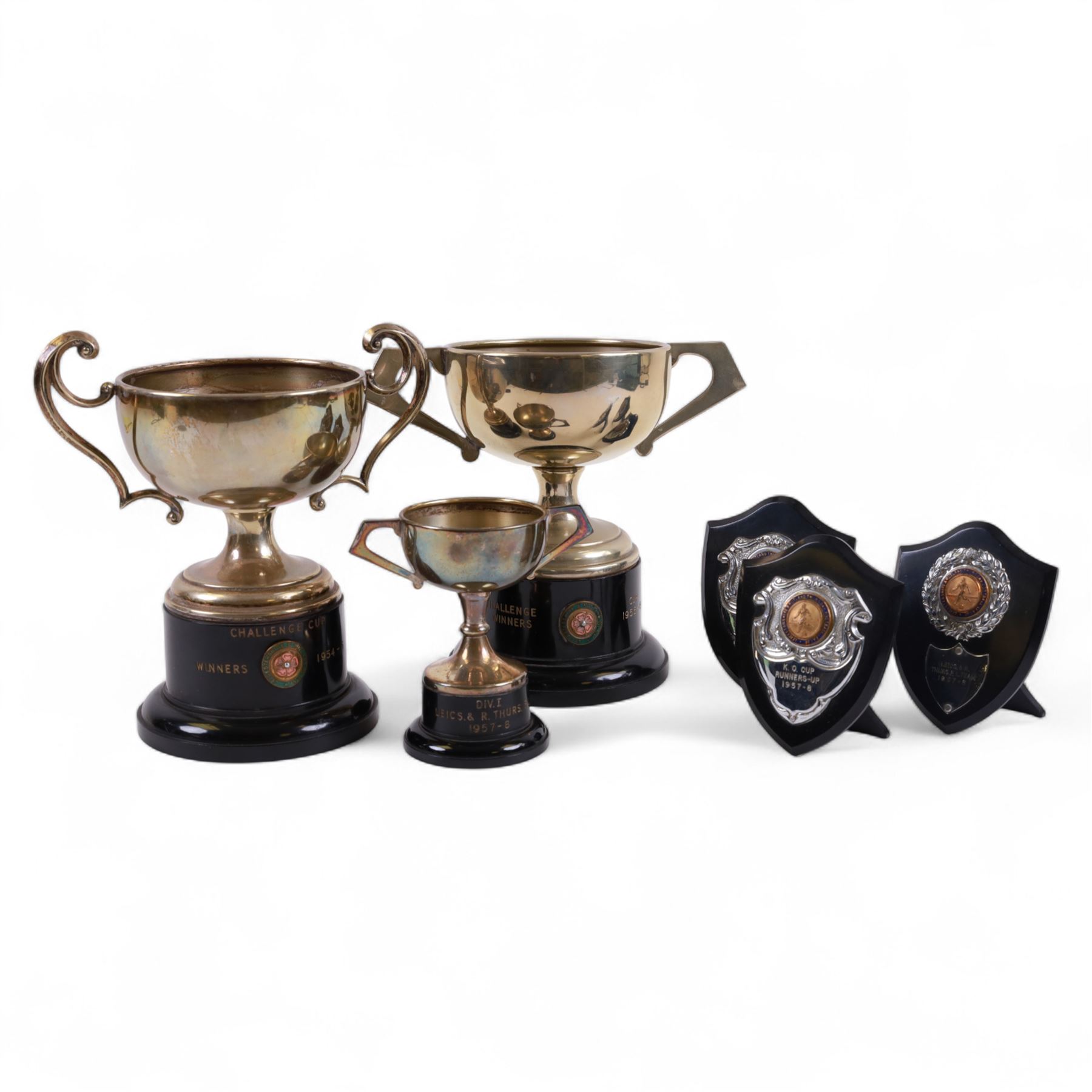 Six 1950s Leicester & Rutland Football League and Challenge Cup  silver plated trophy cups and plaques, from the estate of former Leicester City player Colin Appleton, largest H18cm
