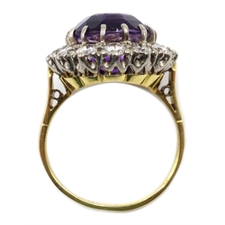  Gold oval amethyst and diamond cluster ring, stamped 18ct  