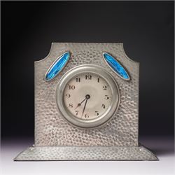 Arts and Crafts planished pewter mantel clock, possibly Tudric for Liberty & Co, with inla...
