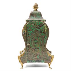 Late 19th century mantel clock in stained green tortoiseshell Boulle work case with white and blue enamel dial, bell strike and gilt metal mounts on shaped supports H30cm
