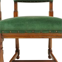 17th century style mahogany set of six dining chairs, with carved scrolled finials, padded green velvet upholstery, block and turned supports united by stretcher  