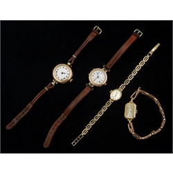  Benson 9ct gold ladies wristwatch on expanding strap stamped 9ct, Rotary 9ct gold ladies bracelet wristwatch hallmarked and two early 20th century 9ct rose gold and enamel wristwatches  