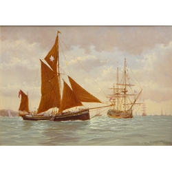  'Kitty and The Bounty off Ryde', 20th century oil on canvas board signed by Rex Phillip, titled and dated 1987 verso 24cm x 34cm, 'A Lively Day on the Torridge', colour print after Michael Lees and one other print (3)  