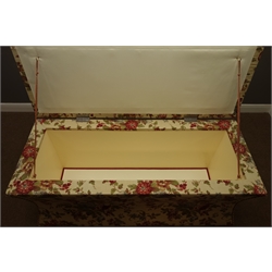  Large rectangular ottoman, concave sides, upholstered in floral fabric with deep buttoned hinged lid, W155cm, H68cm, D64cm  