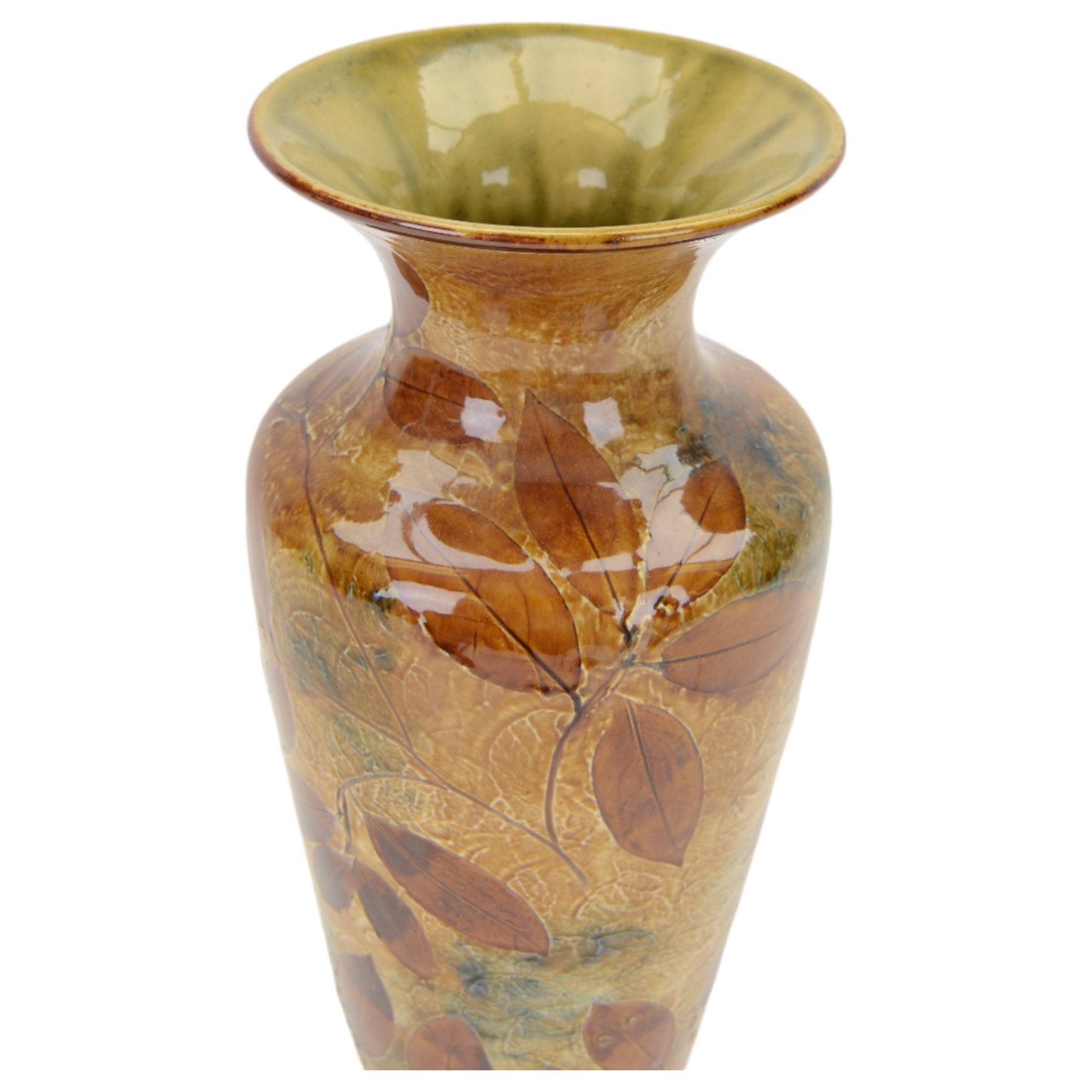 Early 20th century Royal Doulton Autumn Leaves pattern vase, of baluster form with fluted rim, impressed with maker's mark, designers initials and number 7559 beneath, H40cm