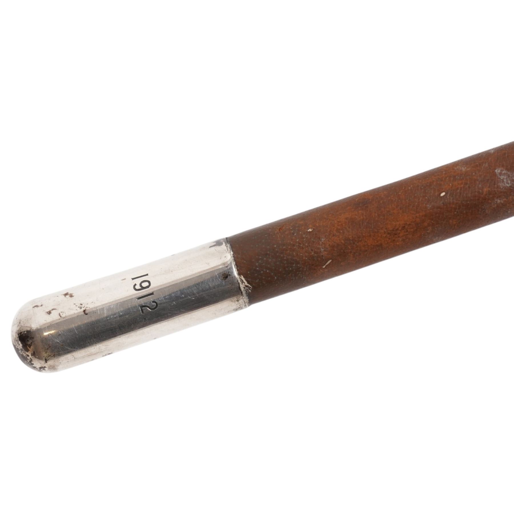 Swaine & Adeney( London) - 20th century yew coaching whip, silver ferrule engraved 'A.N.F Spicer From E.K Fownes' and silver butt end engraved 1912, hallmarked London, L160cm