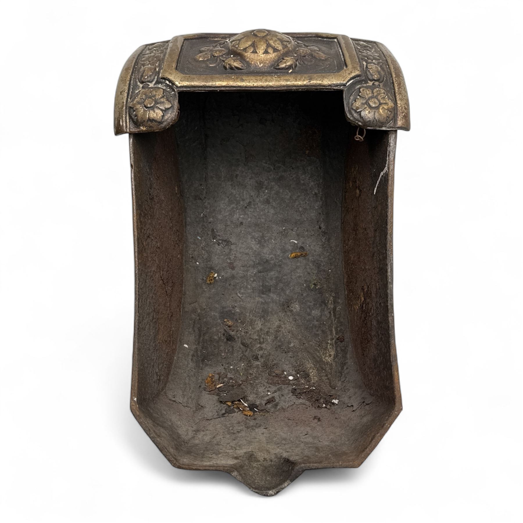 Late 19th century Victorian cast iron and brass purdonium, domed lid with central embossed sunflower and foliage panel within a floral border, flanked by scrolled and foliate detail, raised on shaped feet