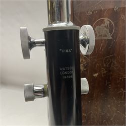 20th century W. Watson & Sons Kima microscope no. 118396 in original oak box, together with W. Watson & Sons Praxis microscope no. 18360, in original box  