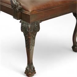Set of eight 20th century Chippendale design mahogany dining chairs, including two carvers, each with pierced ribbon back splat carved with acanthus leaves, drop-in leather upholstered seats, moulded seat rails, on cabriole legs with ball and claw feet