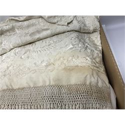 Victorian cream silk shawl, embroidered with floral and foliate decoration and a border of fringing, together with a large collection of vintage linens, lace and embroidery, etc