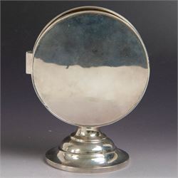 Late Victorian silver lunette, of plain circular form with hinged cover opening to reveal gilt interior, upon a circular domed foot, hallmarked Lambert & Co, London 1897, H13cm