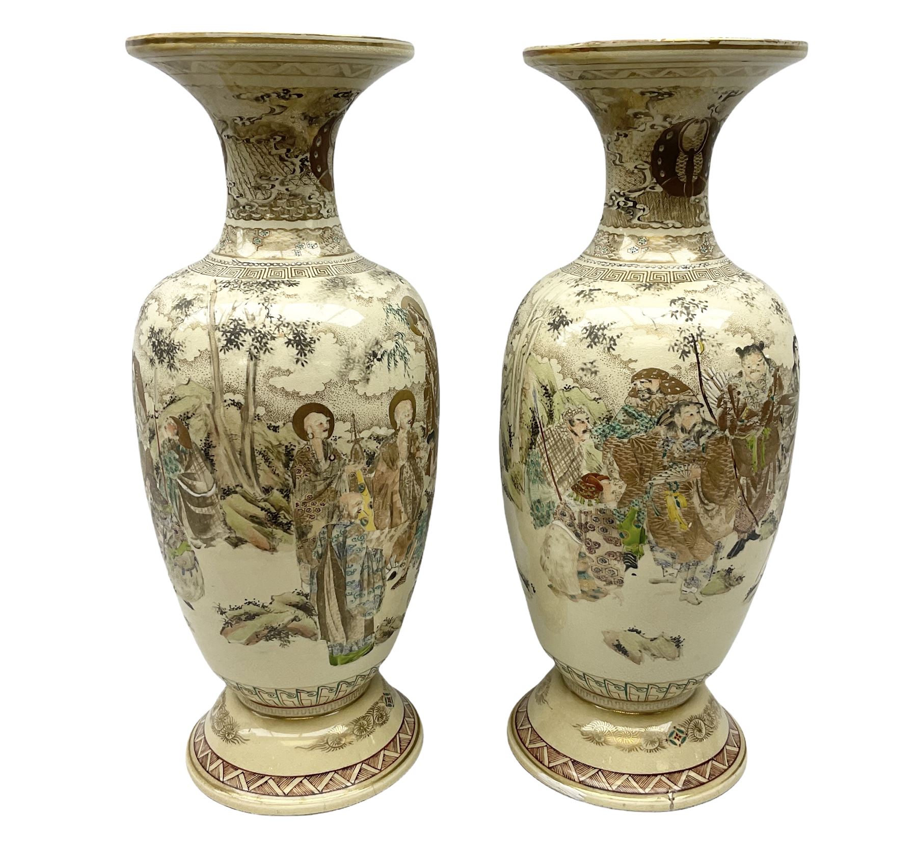 Pair early 20th Century Japanese floor vases of ovoid form, painted with warriors and elders within geometric designs and gilding, H61cm