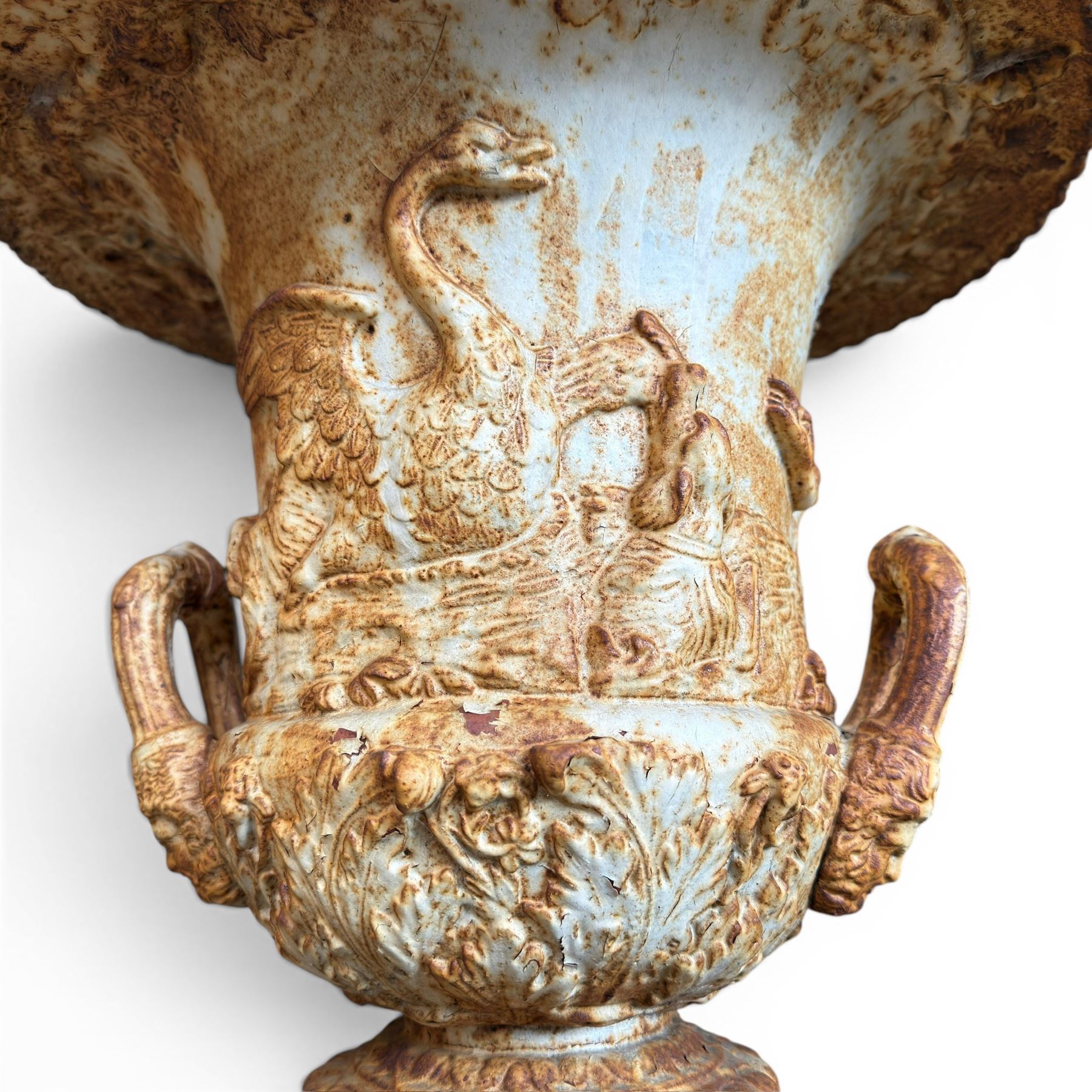 Andrew Handyside - pair of 19th century best quality cast iron garden urns, individually detailed in relief Allegorical Figures and Helaldic Swans, campagna form with twin handles, detail under rim, raised on circular fluted base