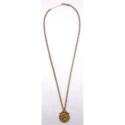 1912 gold sovereign in 9ct gold loose mount hallmarked, on rose gold cable chain necklace (tested 9ct), approx 21.9gm gross  