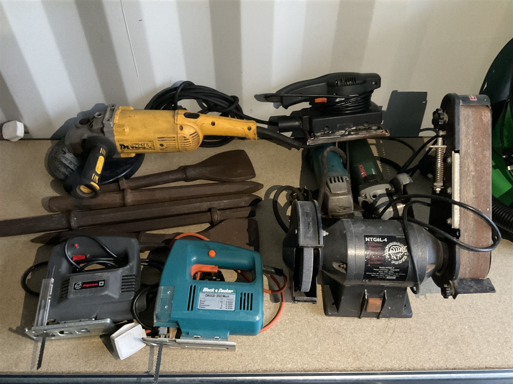 DeWalt and other angle grinders, jigsaws, NTG6L-4 bench grinder with sander attachment and jack hammer bits - THIS LOT IS TO BE COLLECTED BY APPOINTMENT FROM DUGGLEBY STORAGE, GREAT HILL, EASTFIELD, SCARBOROUGH, YO11 3TX