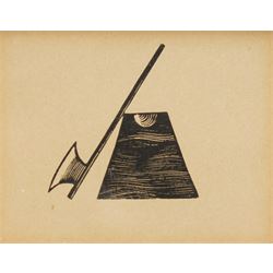 Eric Gill (British 1882-1940): Executioner's Axe and Block, wood engraving unsigned 5cm x 6.5cm