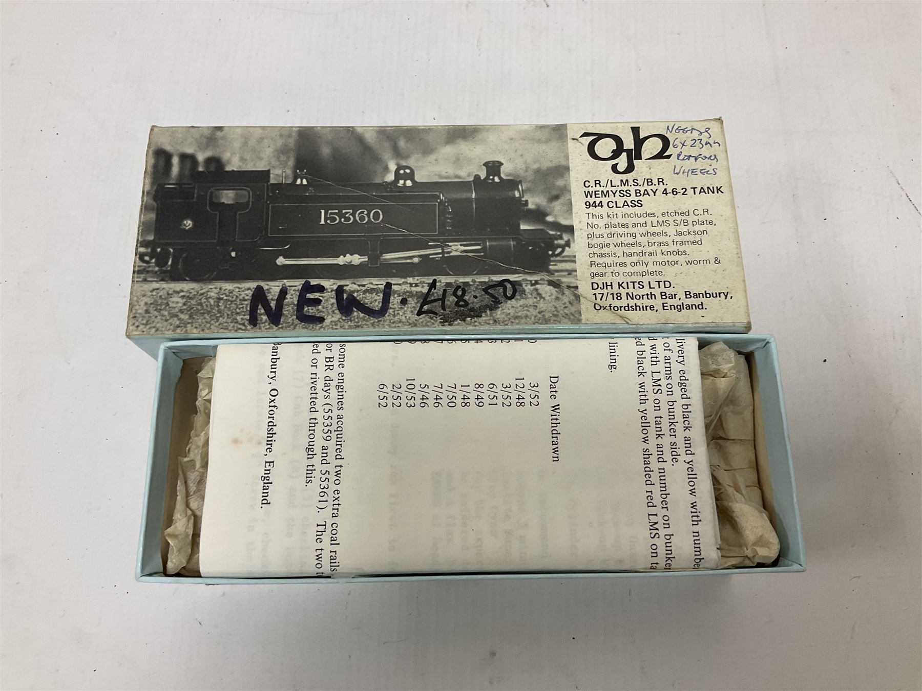 ‘00’ gauge - six model railway locomotive building kits comprising DJH Models CR/LMS/BR Wemyss Bay 4-6-2 Tank 944 Class, Caley Coaches CL4 Caledonian Railway Class 104 0-4-4T and CL2 Caledonian Railway Class 812 & 652 0-6-0 loco and tender, Mallard Models GWR 517 Class 0-4-2T body and chassis kit, Tru-Cast SR Class USA Tank locomotive and Pro-Scale LNWR Coal Tank; in original boxes 
