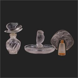 Lalique glass pin dish, with a frosted bird to the center, together with two Lalique scent...