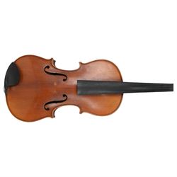 Late 19th century full size German violin with a  Wolff Brothers label, scroll with ebony pegs, finger board and tail piece, in a hard case with bow. Length 60cm

This item has been registered for sale under Section 10 of the APHA Ivory Act