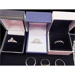 Collection of silver and silver stone set jewellery including Pandora 'Infinity' ring, marcasite Claddagh ring and six other stone set rings, twenty four pairs of earrings, hinged bangle, five pendant necklaces, three bracelets, brooch and a 9ct gold signet ring, all hallmarked or tested