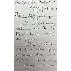 Hirst Walker (Staithes Group 1868-1957): two handwritten letters to fellow Staithes Group member Robert Jobling (1841-1923). 
The first, on York City and County Banking Co Ld Whitby headed paper, inscribed 'Dear Mr Jobling, I am extremely obliged for the 4/- postal order safely to hand. I only hope that another year I may have the pleasure of sending a cheque to you for pictures sold. I am sure you and Mrs Jobling have been most loyal to the Staithes Art Club. Faithfully yours, Hirst Walker.' 
The second being a copy of the Staithes Art Club Statement of Accounts for 1907, inscribed 'Dear Sir, I feel I hardly like to call on you and Mrs Jobling for the call of 2/- back now due from members of the Club. However - as you both paid your subscription - (tho' showing no work) - I feel you wish to be treated as are the other members. We have had another bad year. I hope that some entirely fresh arrangement mat be made for a future show; and that you and Mrs Jobling will contribute a full number of pictures. Yours faithfully, Hirst Walker. See inside.'
