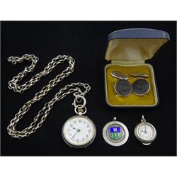 Silver Bijou Wealemefna Morris patent measurer, silver cylinder fob watch, on silver cable link chain, pair of Churchill Wedwood cufflinks and a silver fob