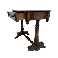 Victorian rosewood stretcher table, moulded rectangular top with rounded corners over single drawer, turned and carved twin pillar supports on platforms joined by turned stretcher, scroll carved feet