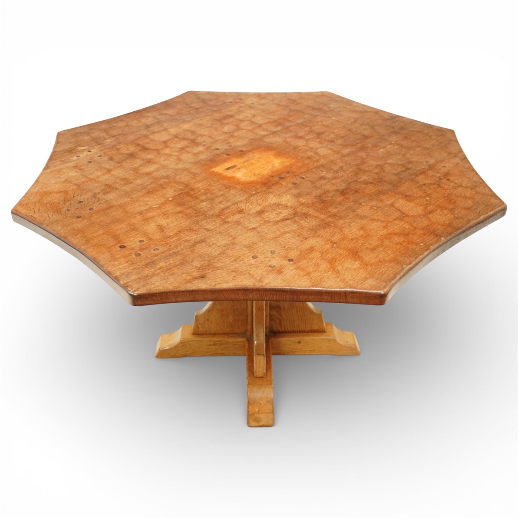 Sid Pollard of Thirsk - octagonal oak adzed dining table, with curved edges on a quatriform base