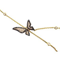 18ct gold diamond butterfly necklace, double row chain set with diamonds, suspending from two black and white pave set diamond butterflies, stamped 750, total diamond weight 1.46 carat