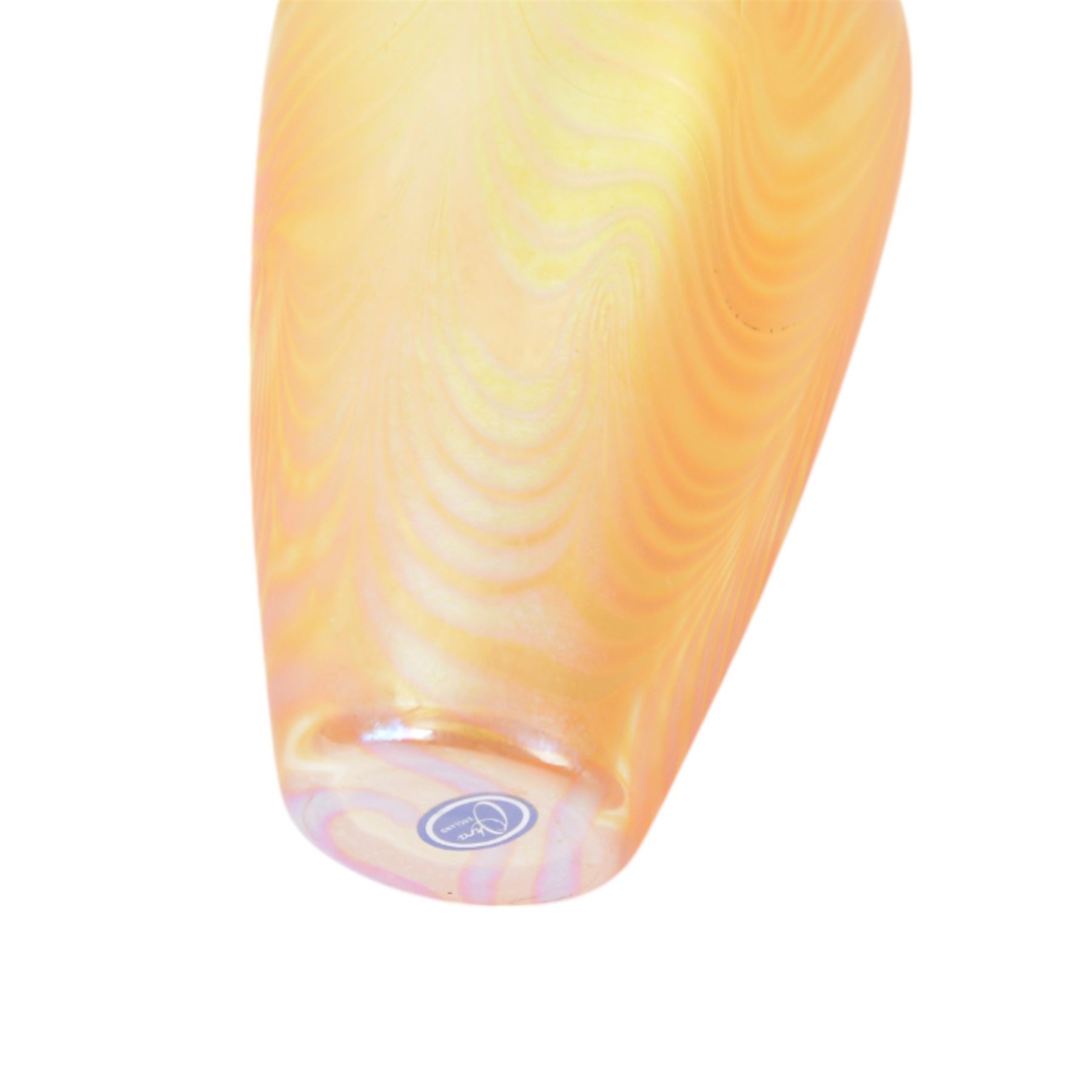 Okra glass vases, with iridescent trails upon an orange ground, together with two Okra scent bottles, all with original boxes 