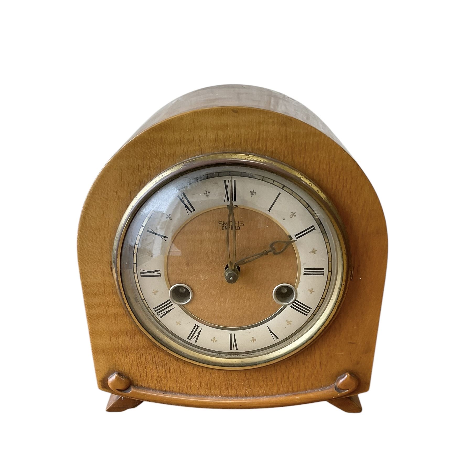 20th century- Hermle 8-day moon phase three train bracket clock, with a brass dial and subsidiary moon dial, floating balance escapement chiming the quarters on 5 gong rods. With an English oak cased Smiths Enfield 8-day striking mantle clock c1950. With pendulum and key.  