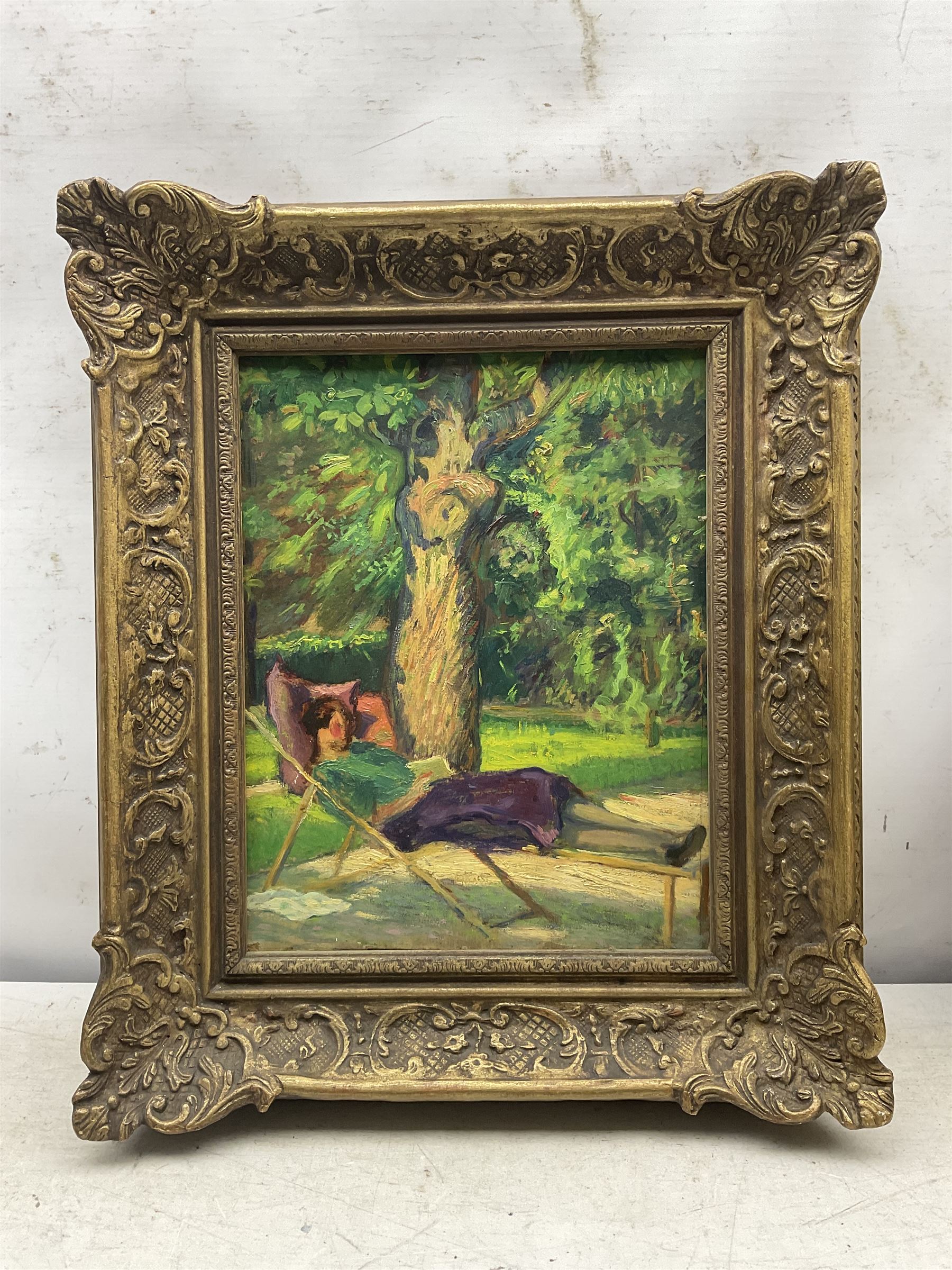 After Christian Adam‏ Landenberger (German 1862-1927): A Lady Lounging on her Chair, oil on board unsigned, indistinctly inscribed verso 34cm x 27cm 