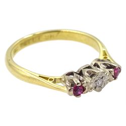 Gold three stone ruby diamond ring, stamped 18ct