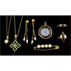 18ct gold jewellery including pearl pendant earrings pearl brooch, paste stone pendant necklace and one other pendant, 9ct gold opal and garnet ring, 9ct pearl pendant necklace and one other 9ct ring