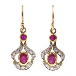 Pair of 9ct gold ruby and diamond pendant earrings, stamped 375