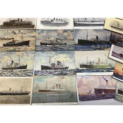 Sixty-five early 20th century postcards of passenger liners including White Star, Red Star, Atlantic Transport, Anchor, Cunard, Henderson, Booth, Union Castle, Holland America, Lamport & Holt, P. & O., New Zealand, Canadian Pacific, British India etc; and ten Edwardian postcards of Naval warships and officers (75)