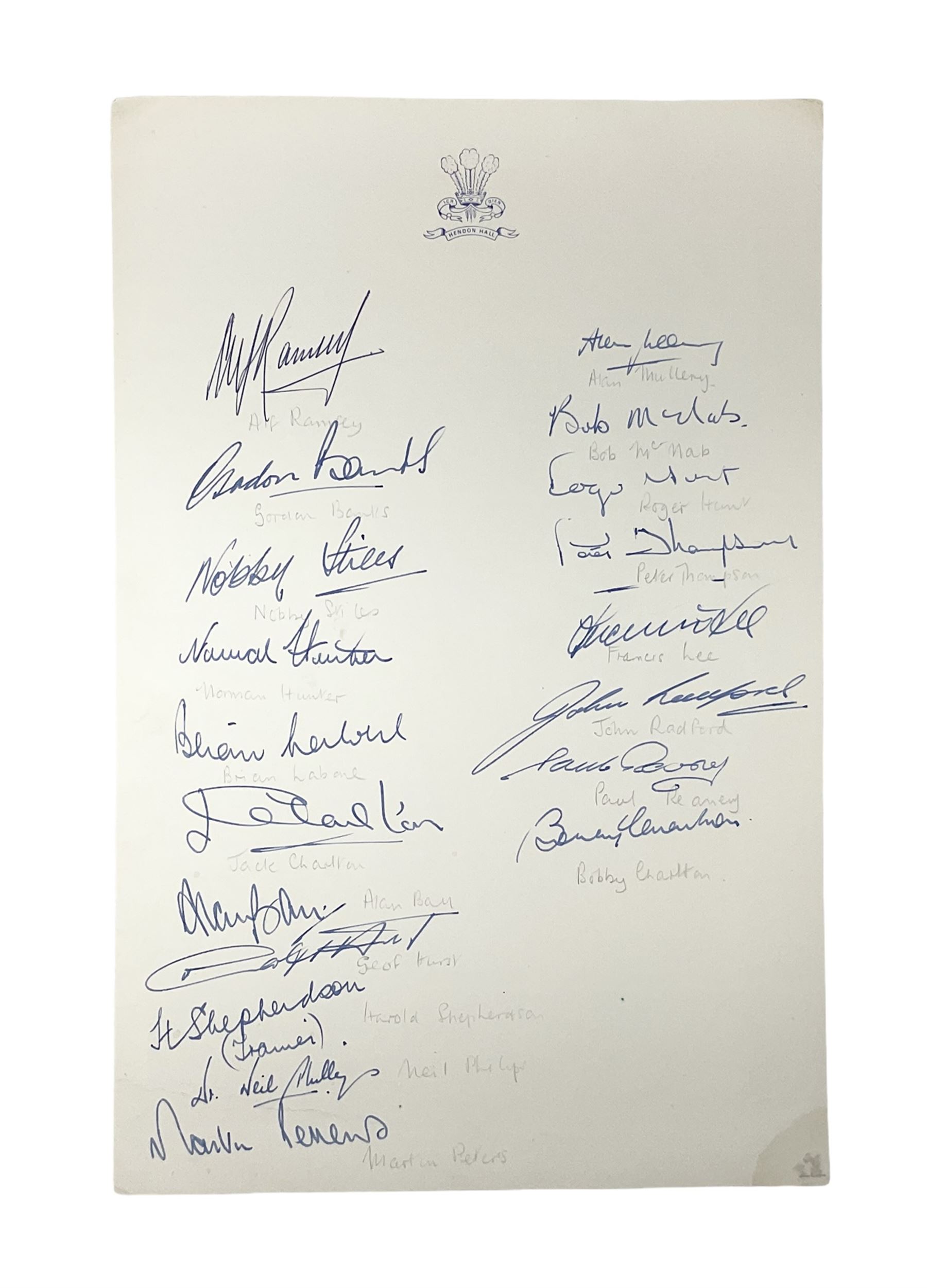 Hendon Hall Hotel letter heading signed by nineteen players and staff of the England football team including Alf Ramsey, Gordon Banks, Nobby Stiles, Jack Charlton, Alan Ball, Geoff Hurst, Martin Peters, Roger Hunt, Bobby Charlton, Norman Hunter, Francis Lee, Alan Mullery, Bob McNab etc probably before the 15th January1969 game against Romania as also signed by Paul Reaney